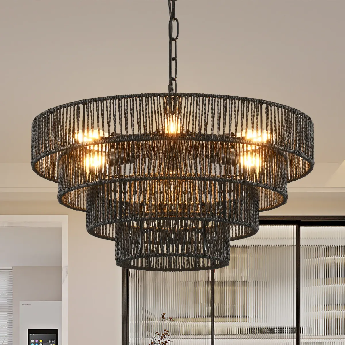 Rope tiered chandelier, 19.7 in, black, view 3