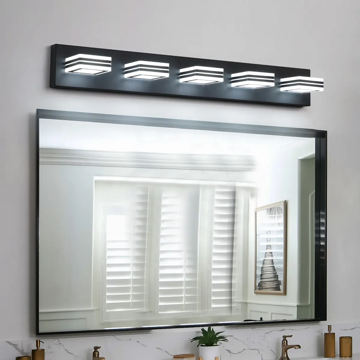 Square acrylic vanity bar, 5 lights, black, view 4