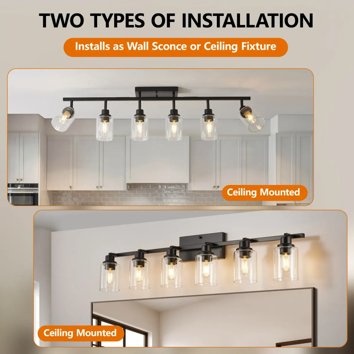 Clear glass semi-flush mount, 6 lights, black, manufacturer image 1