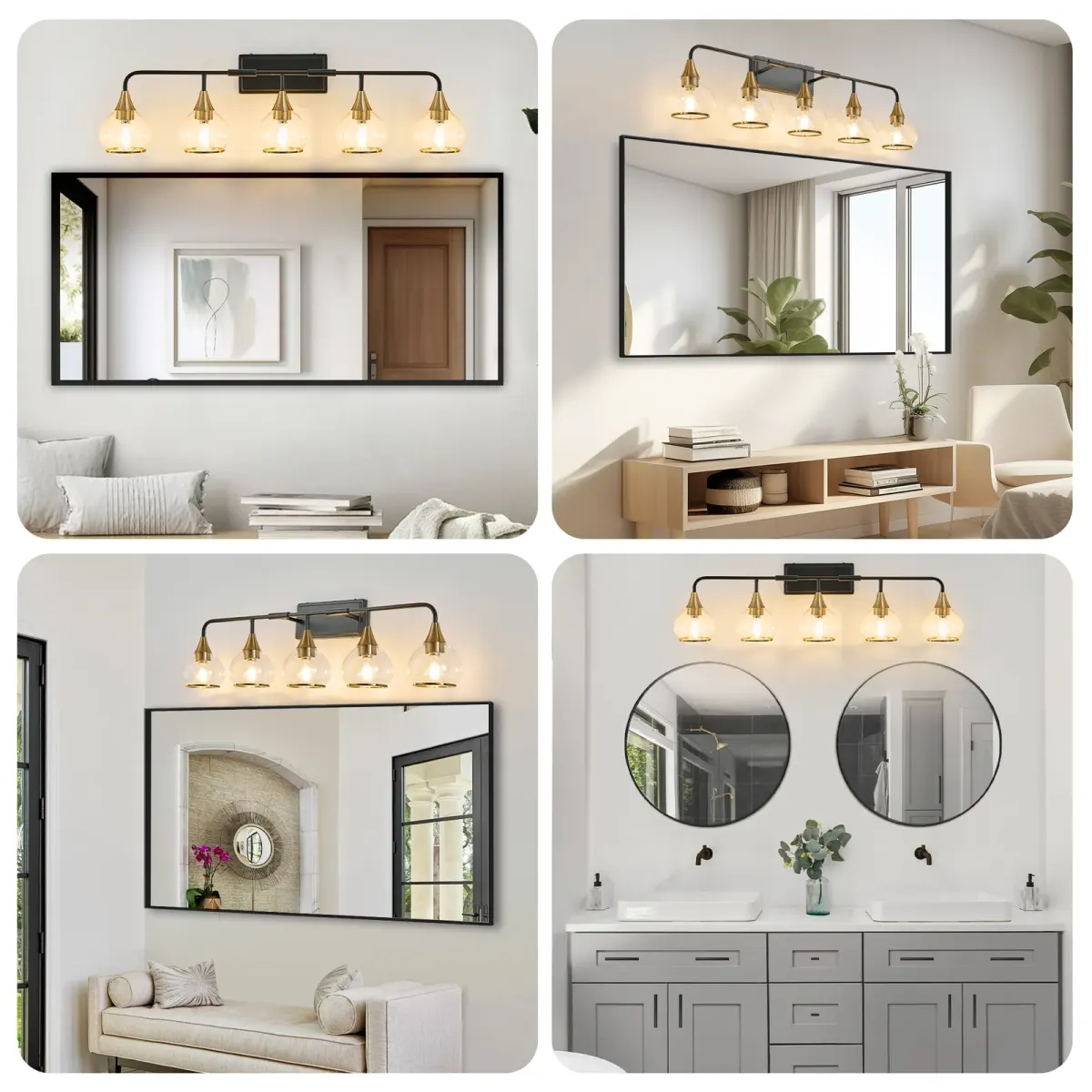 Clear glass vanity bar, 3–6 lights, 22.6–48.1 in, 5 lights, black and gold, view 5