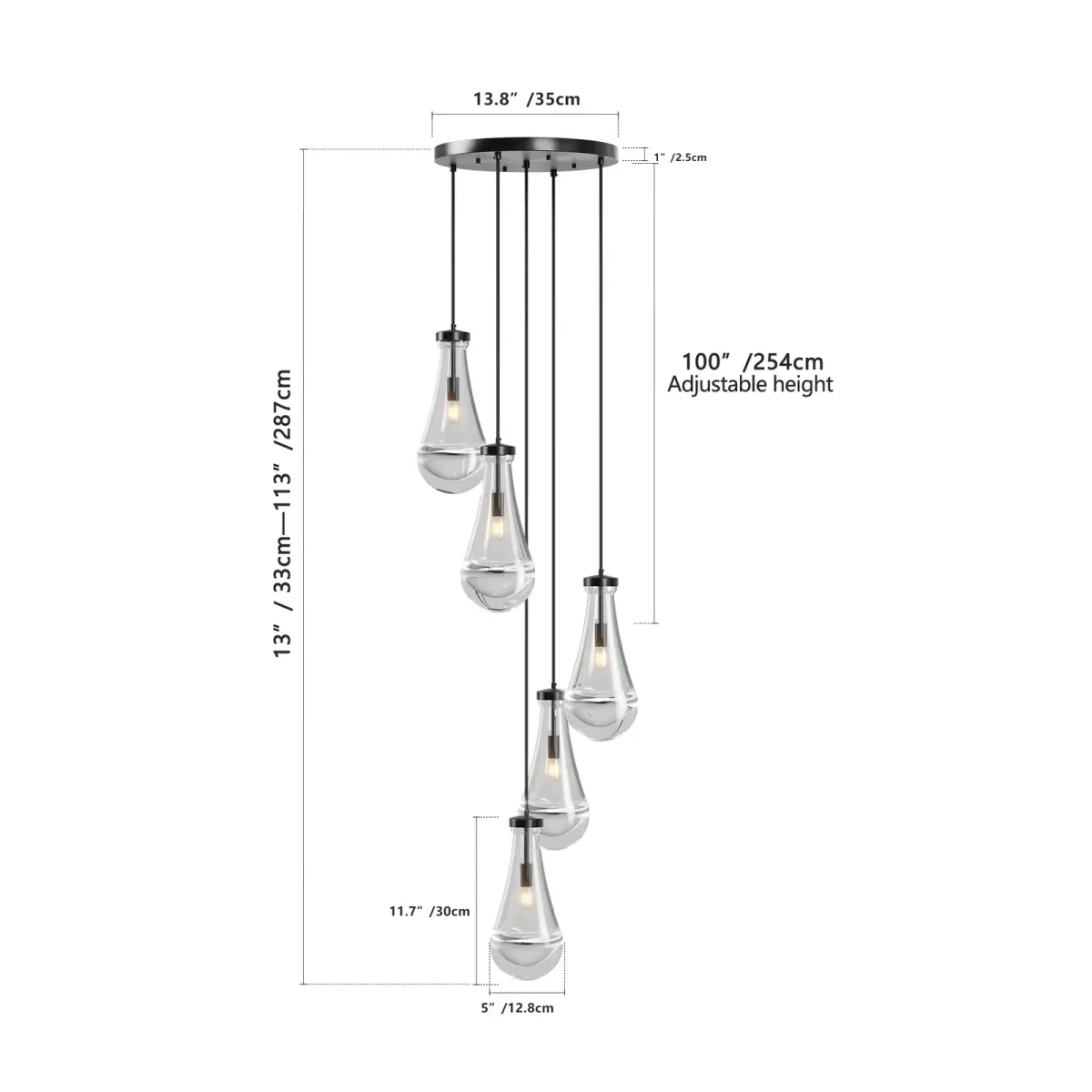 5-light chandelier, black, dimension drawing 1