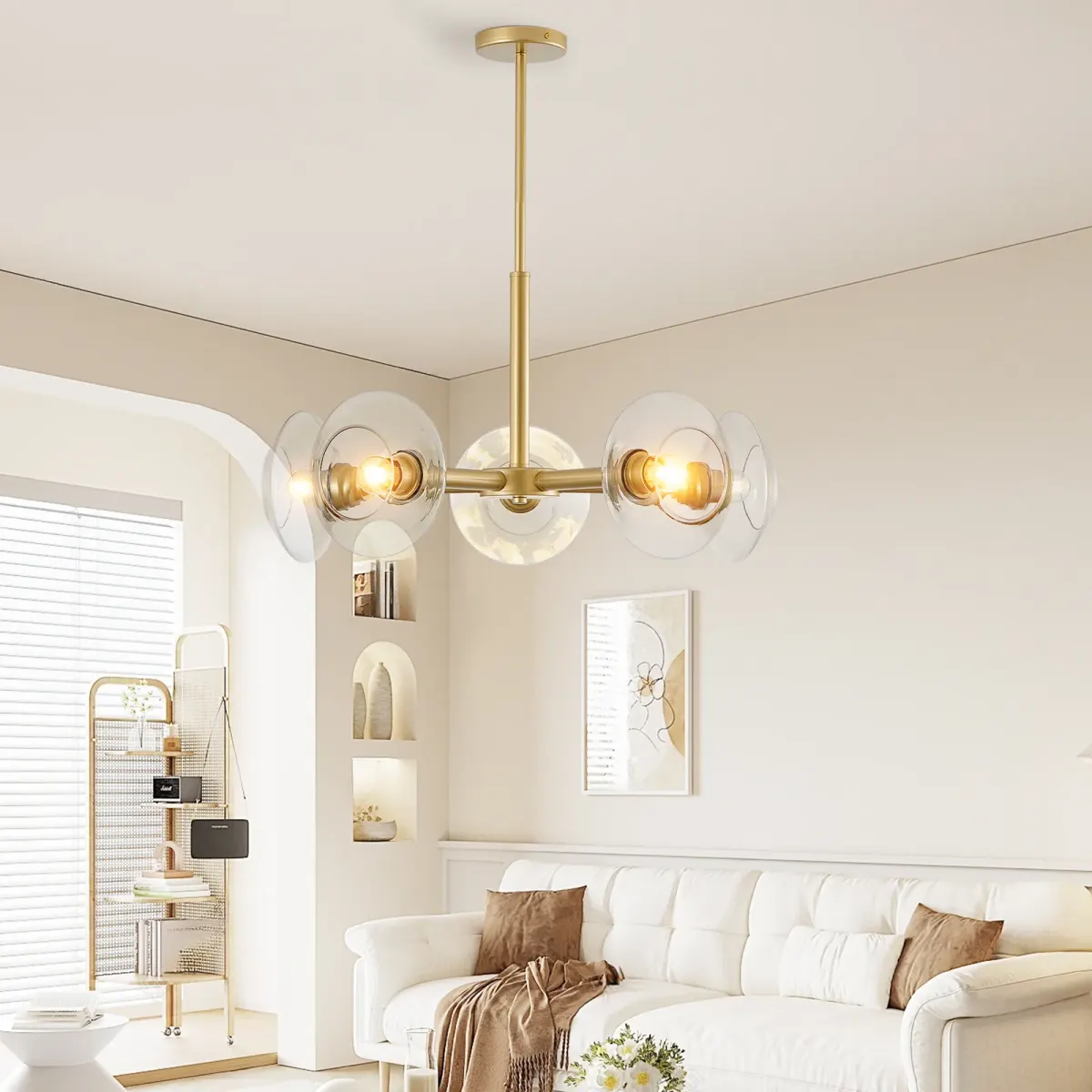 5-light clear glass sputnik chandelier, gold, view 2