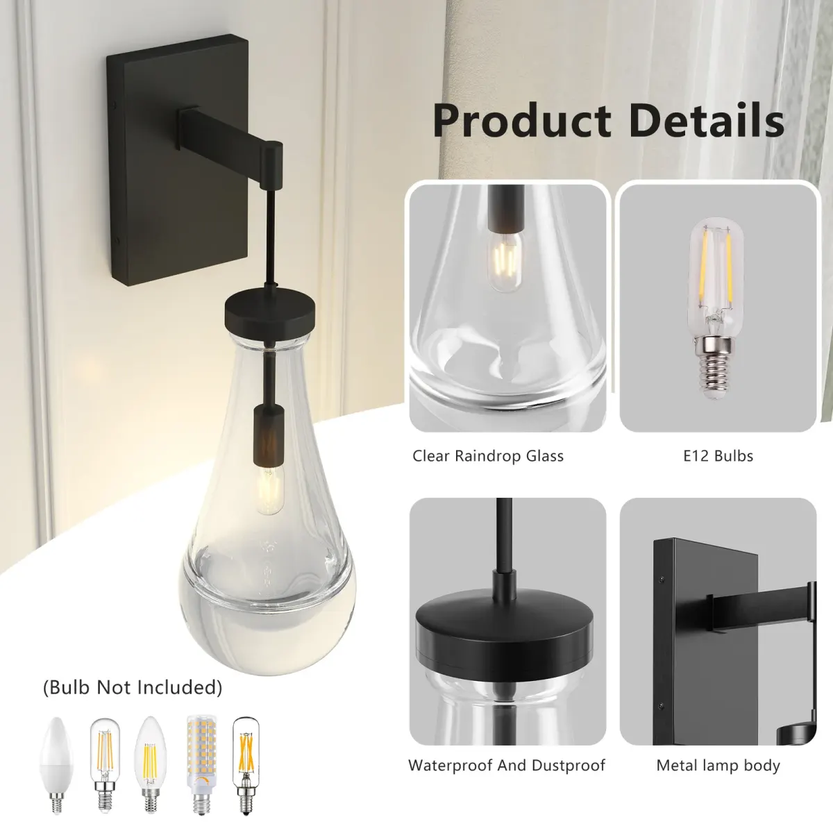 Raindrop vanity light, 7.9 in, black, manufacturer image 2