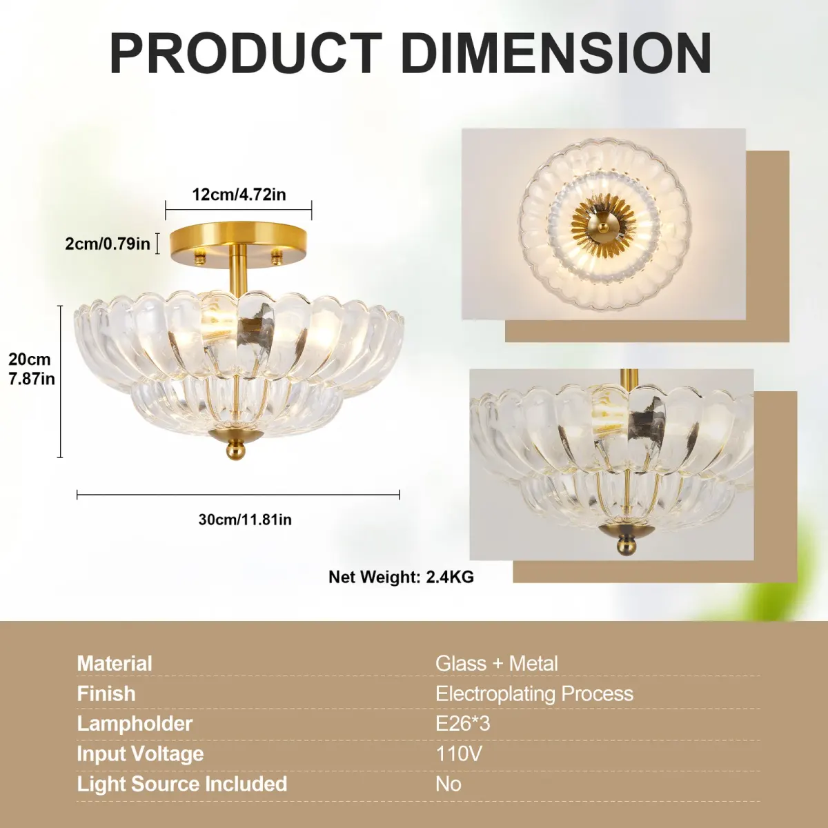 Glass semi-flush mount, 3 lights, gold+clear, dimension drawing 1