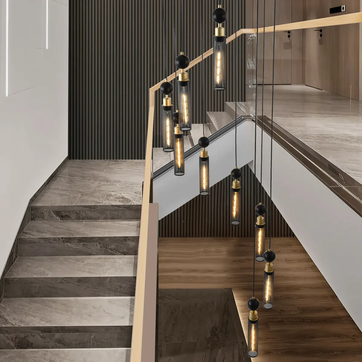 9-light cylinder chandelier, black, view 3