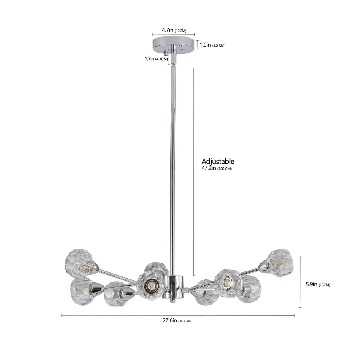 Crystal chandelier, 9 lights, 9 lights, chrome, dimension drawing 1