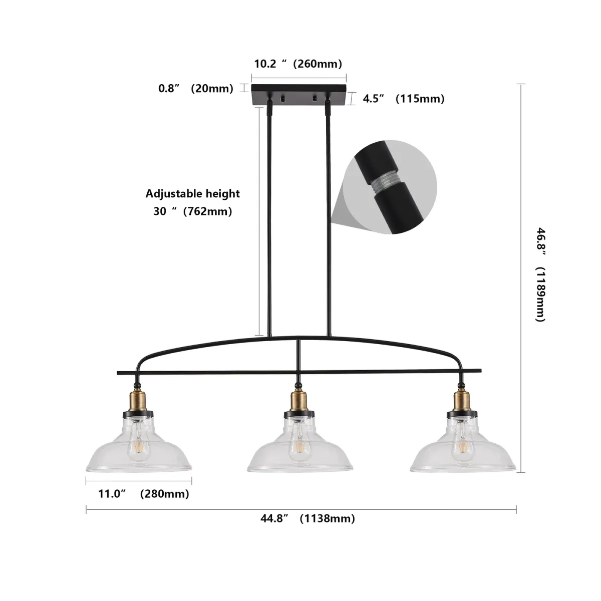 3-light clear glass chandelier, black, dimension drawing 2