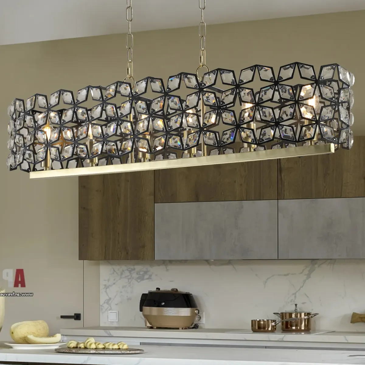 Crystal geometric chandelier, 39.4 in, black,gold,transparent, view 2