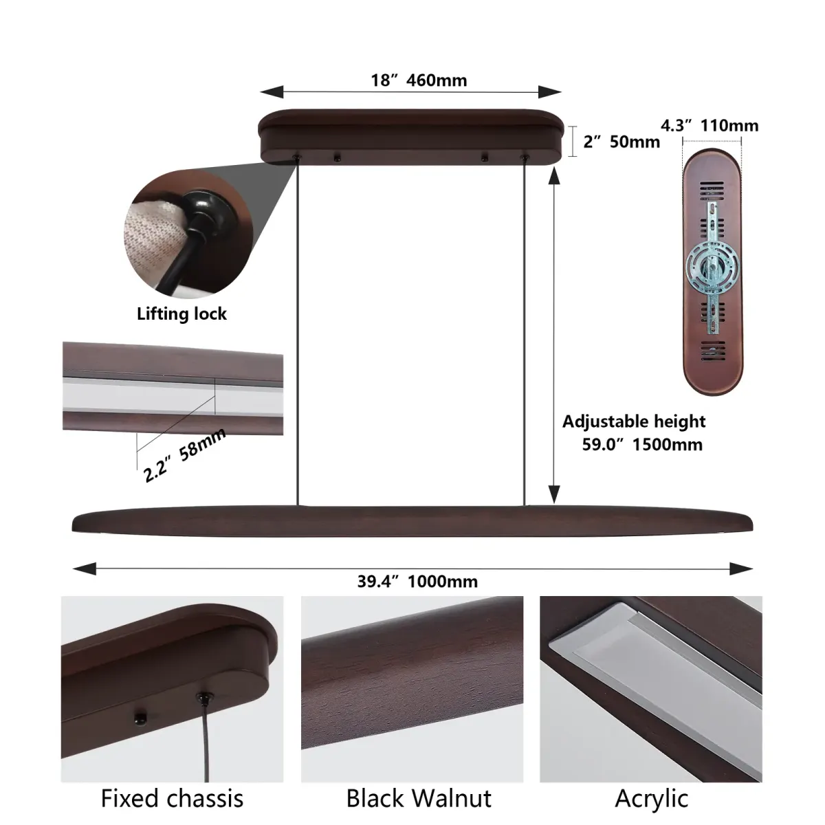 Wood pendant L019001, 39.4 in, walnut, dimension drawing 1