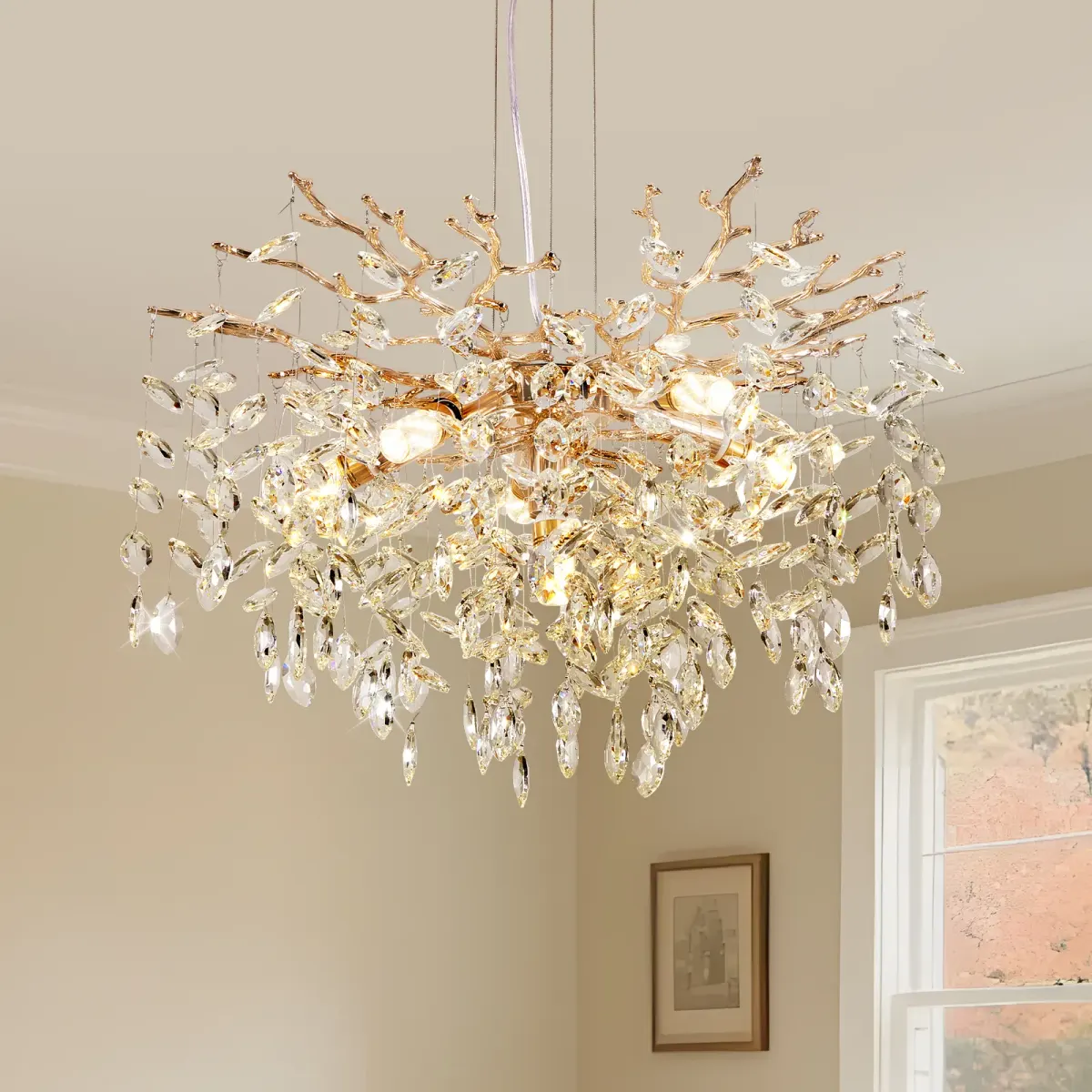 6-light crystal branch chandelier, gold, gold