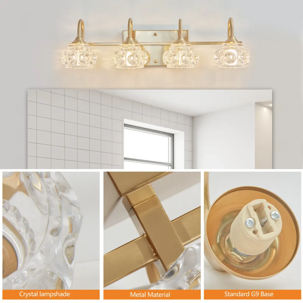 Crystal glass vanity bar, 4 lights, gold, view 3