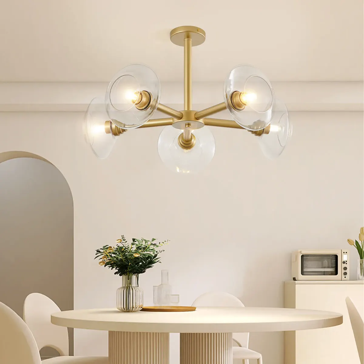 5-light clear glass sputnik chandelier, gold, view 3
