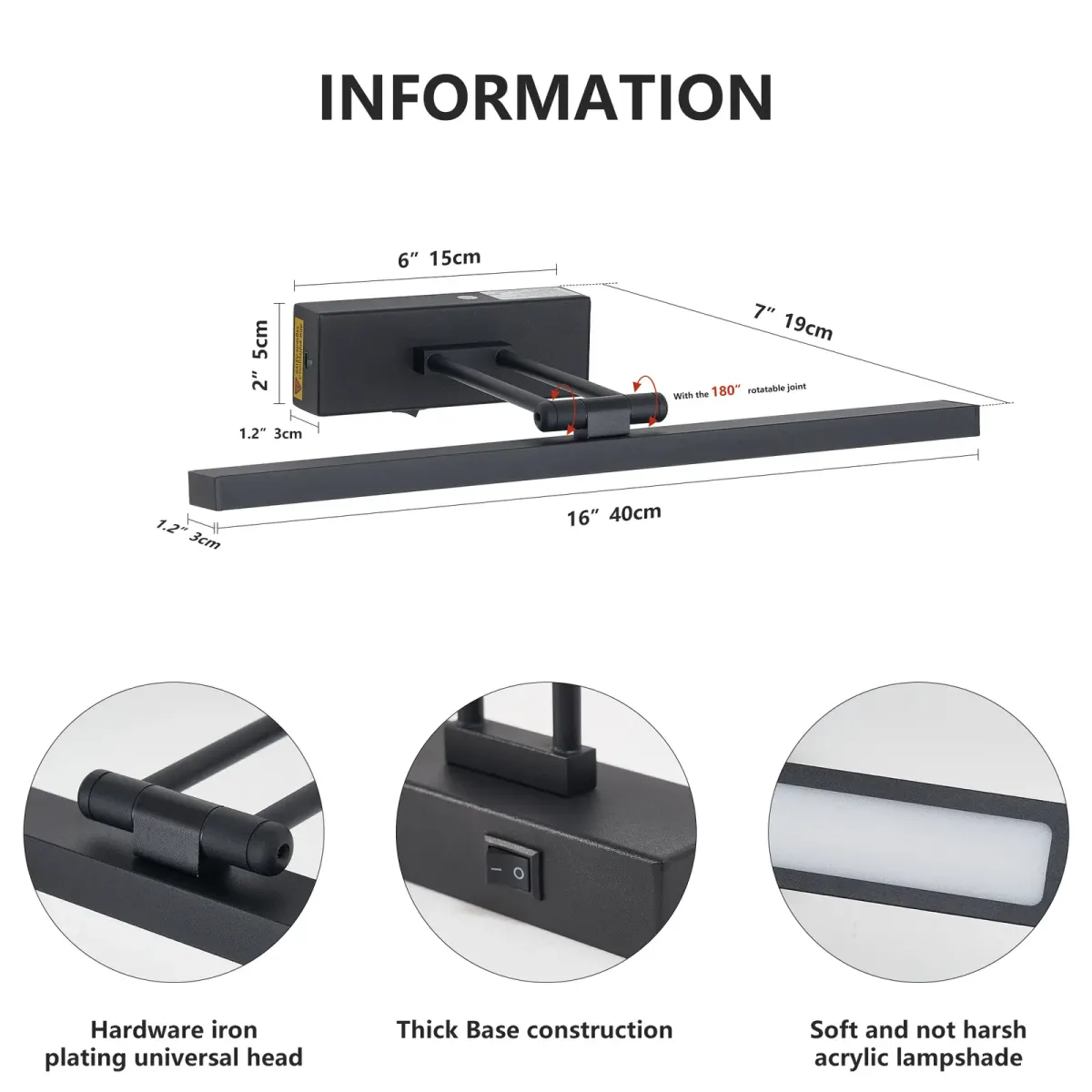 Rechargeable picture light, 15.7 in, black, manufacturer image 5