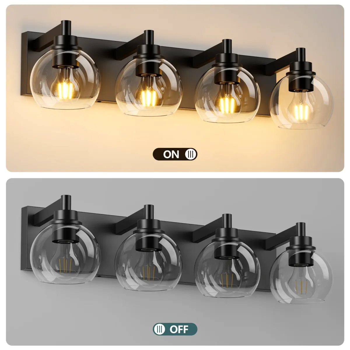Clear glass vanity bar, 3–6 lights, 19.3–40.6 in, 4 lights, black, manufacturer image 3