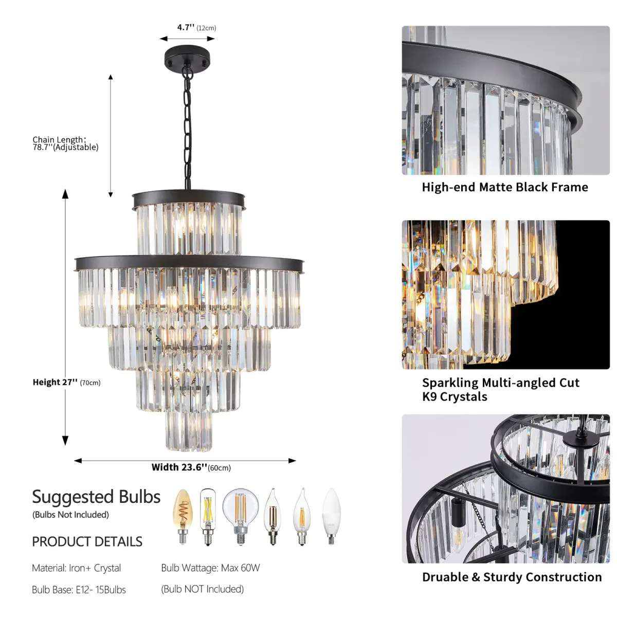 15-light crystal chandelier, black, manufacturer image 5