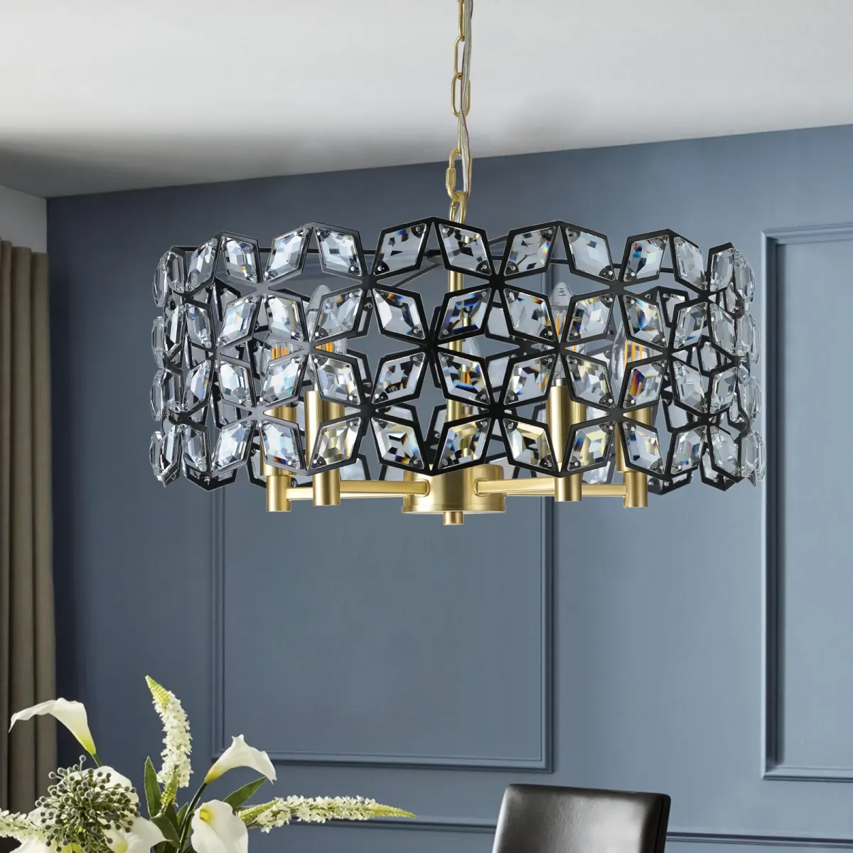 5-light crystal geometric chandelier, black,gold,transparent, view 7
