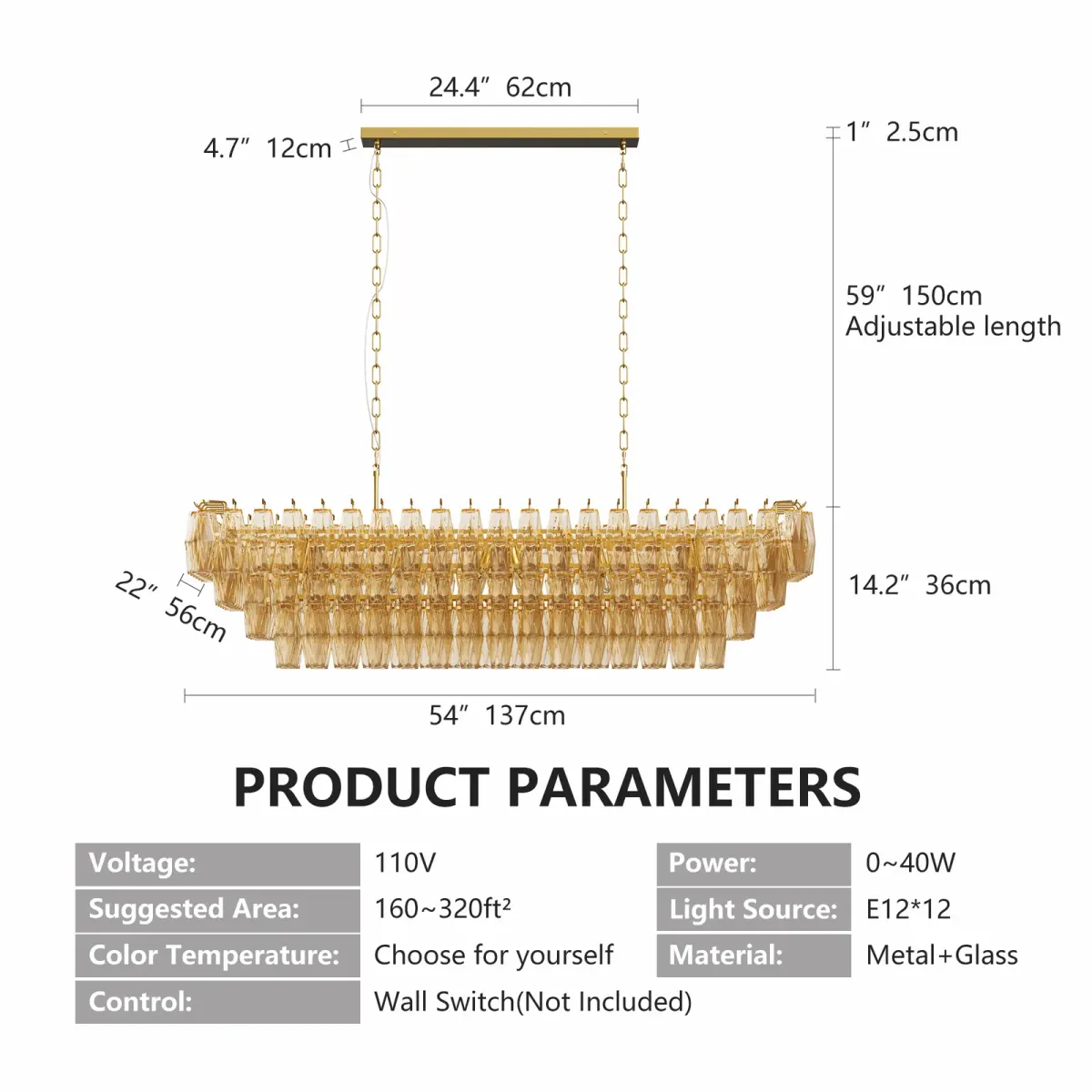 12-light rectangle chandelier, gold, dimension drawing 1