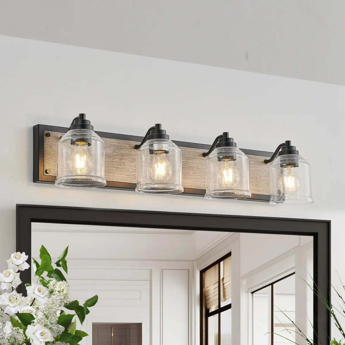 Seeded glass wood vanity bar, 4 lights, black, view 2