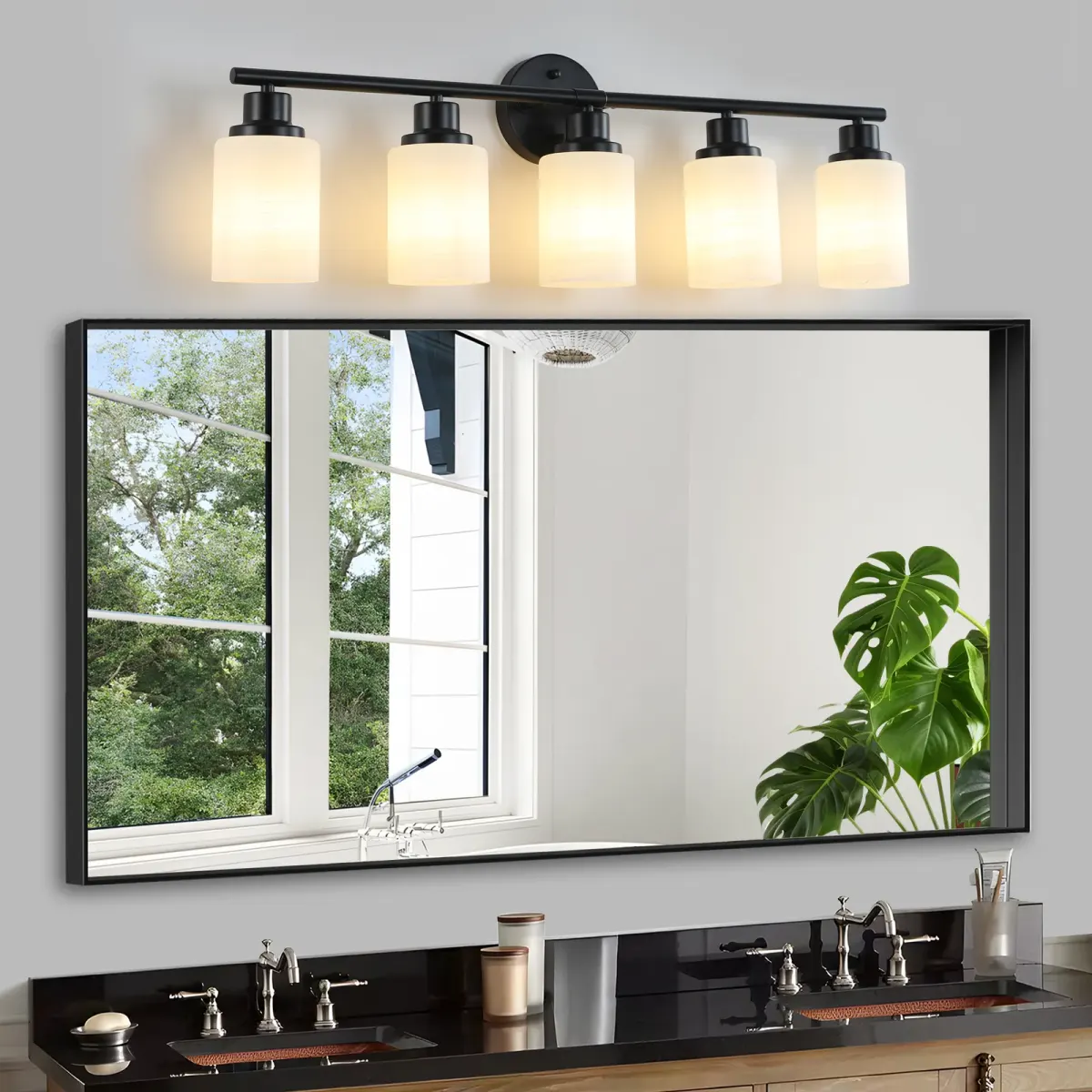 Frosted glass vanity sconce, 5 lights, black, view 2