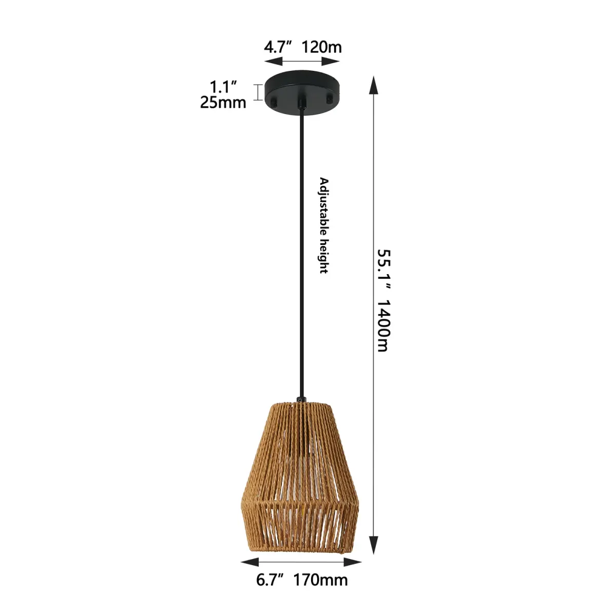 Rope pendant, 6.7 in, wood, dimension drawing 4