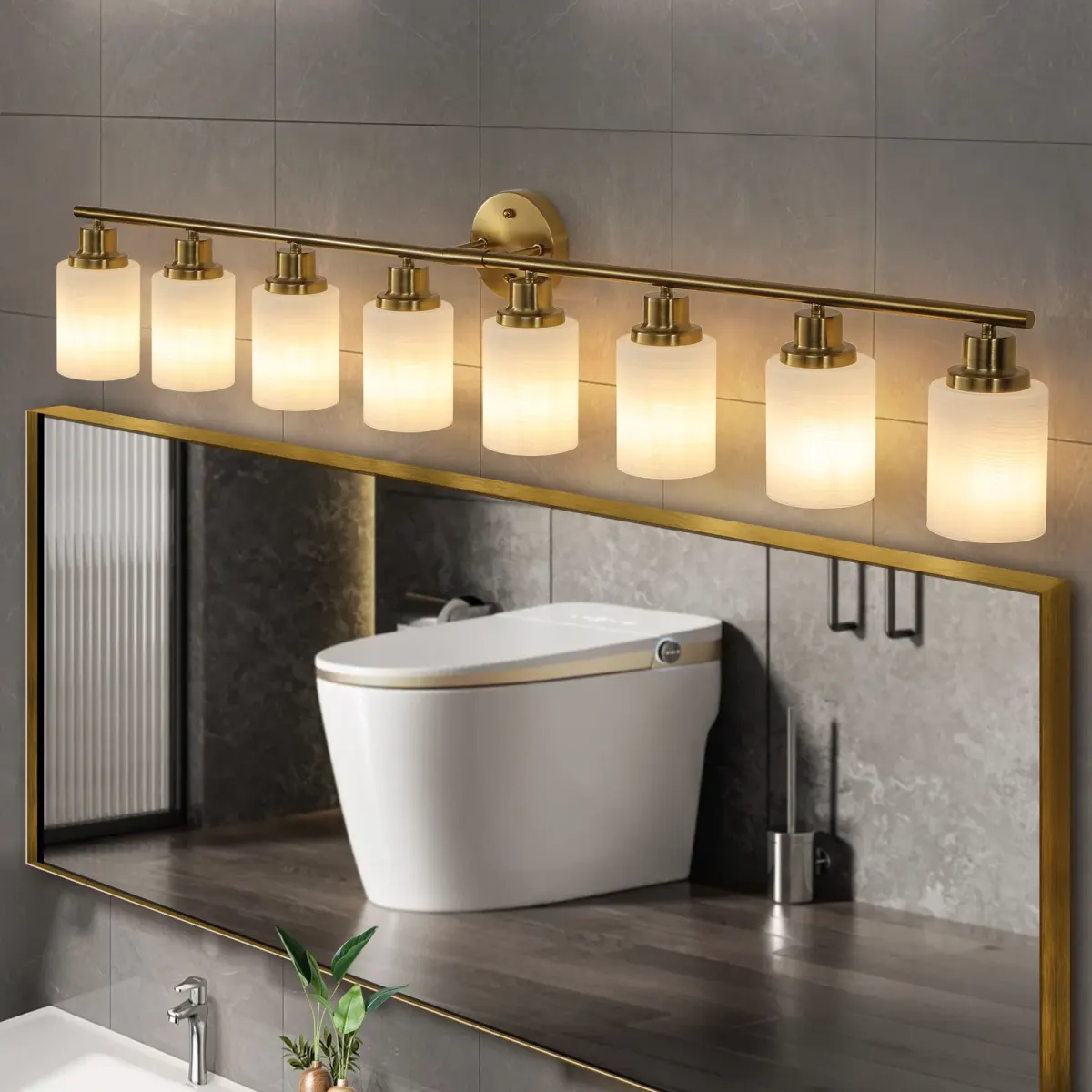 Frosted glass vanity sconce, 8 lights, copper tone, view 2