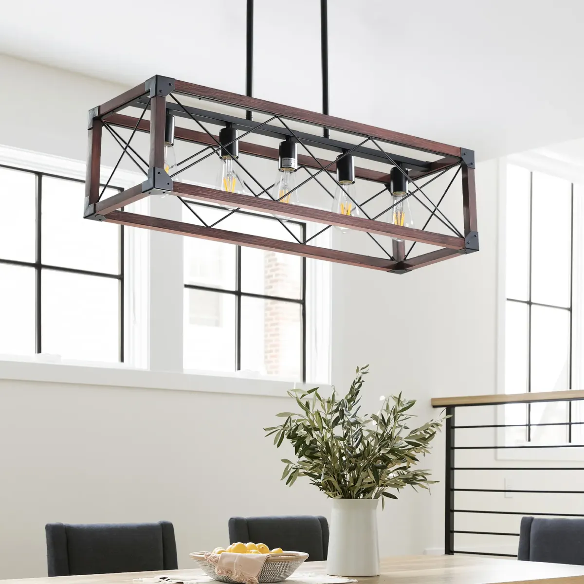 Rectangle pendant chandelier, 5 lights, black,red, view 12