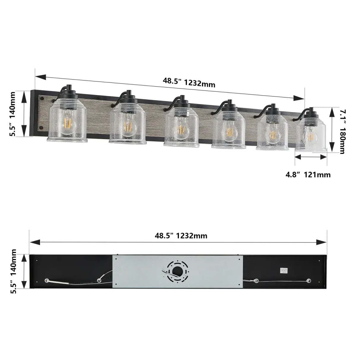 Seeded glass wood vanity bar, 6 lights, black, dimension drawing 1