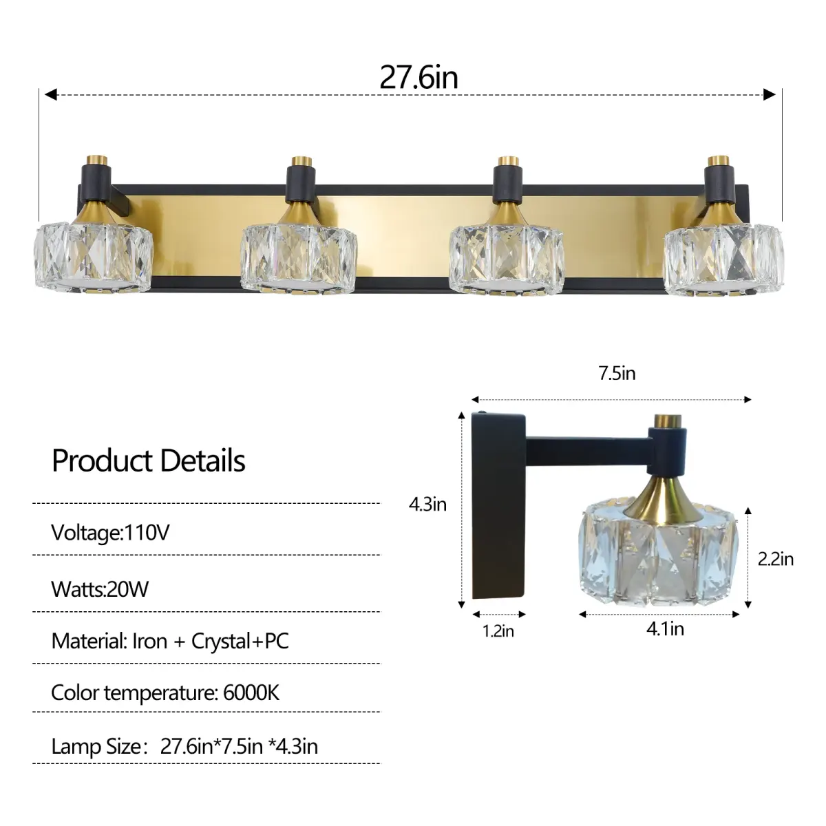4-light crystal vanity light, yellow brown, dimension drawing 1