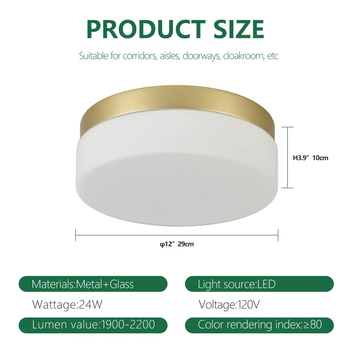 LED flush mount ceiling light, 11.4 in, gold, dimension drawing 1