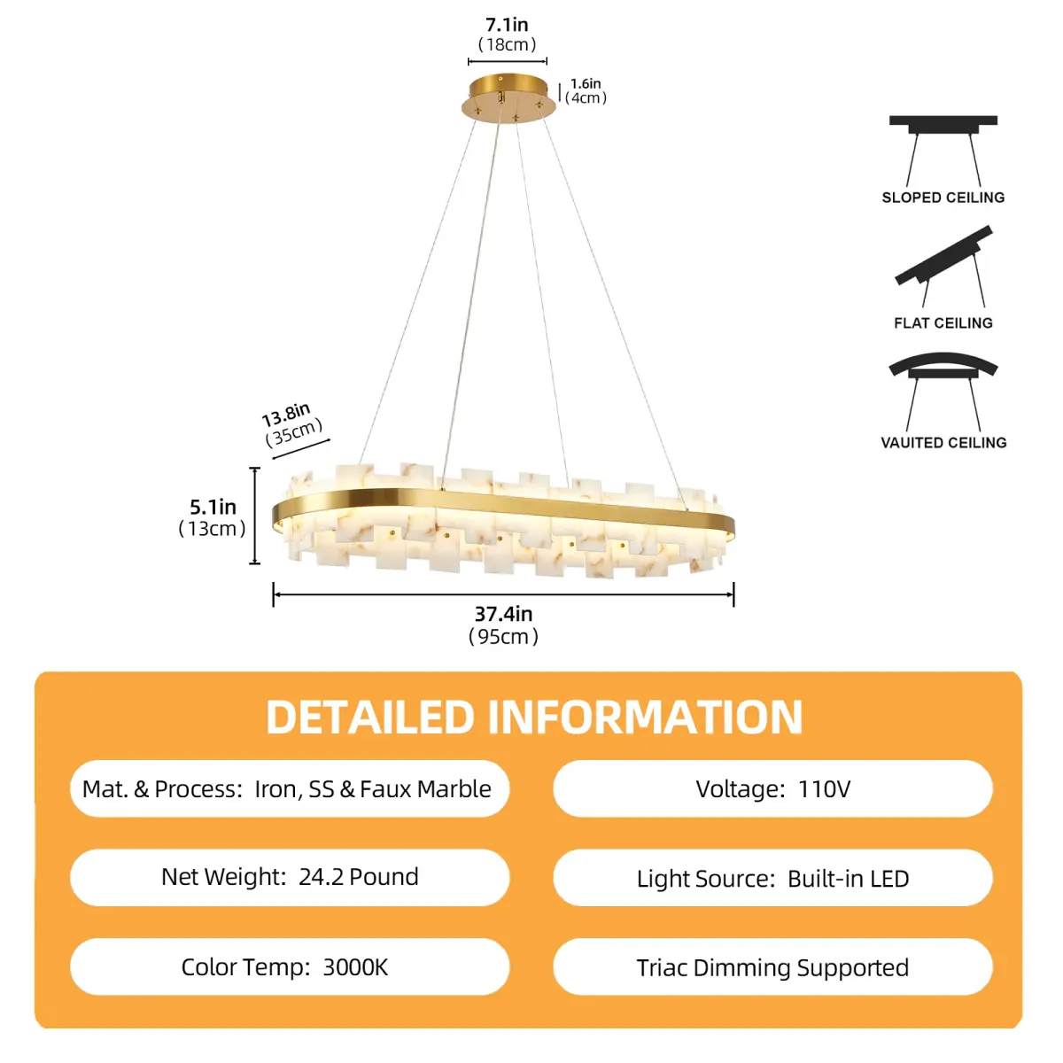 Rectangle chandelier, 37.4 in, gold, dimension drawing 1