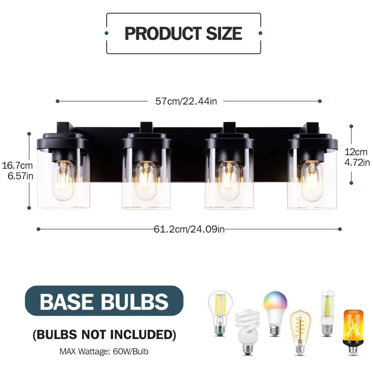 Clear glass vanity bar Z001004, 4 lights, black, dimension drawing 1