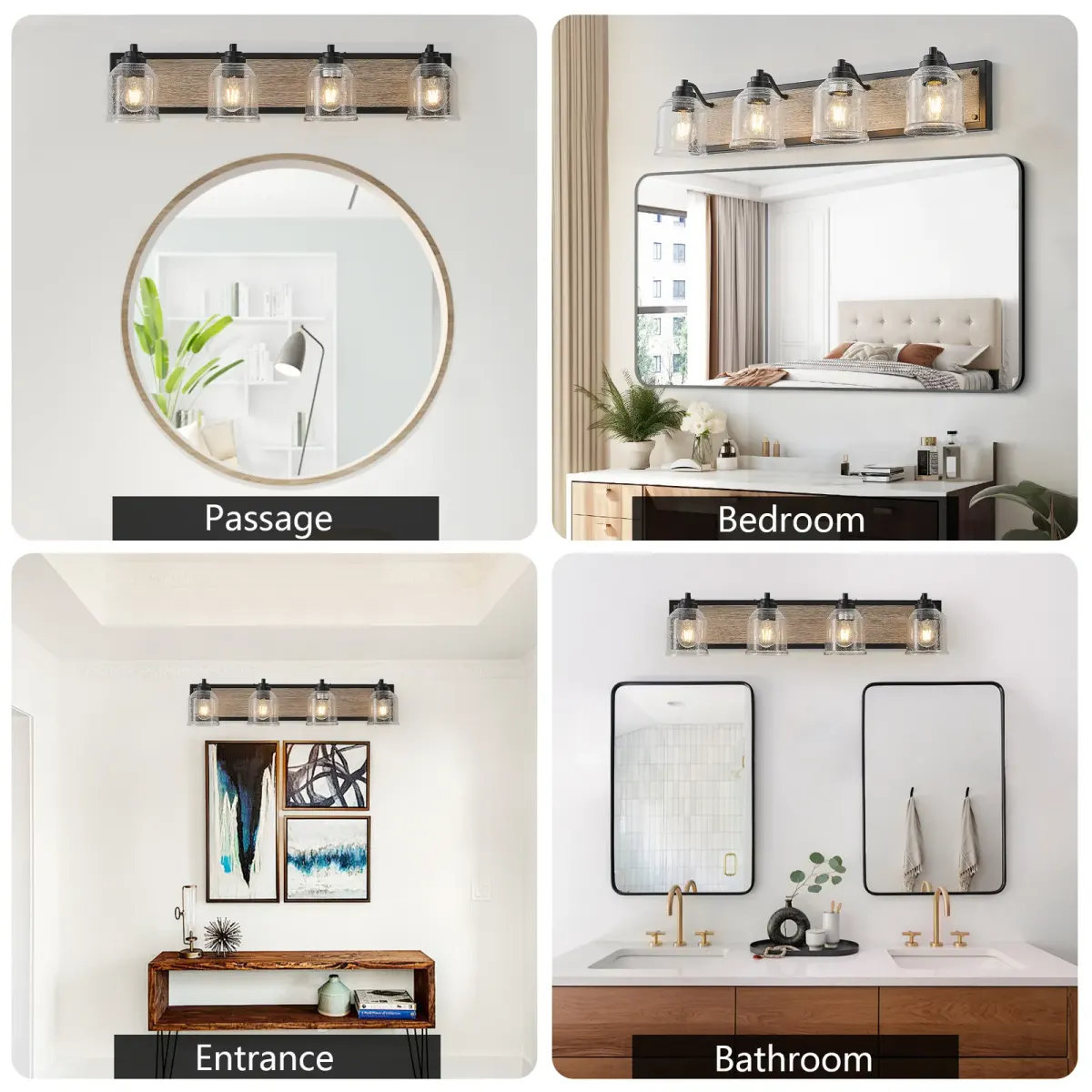 Seeded glass wood vanity bar, 4 lights, black, view 5