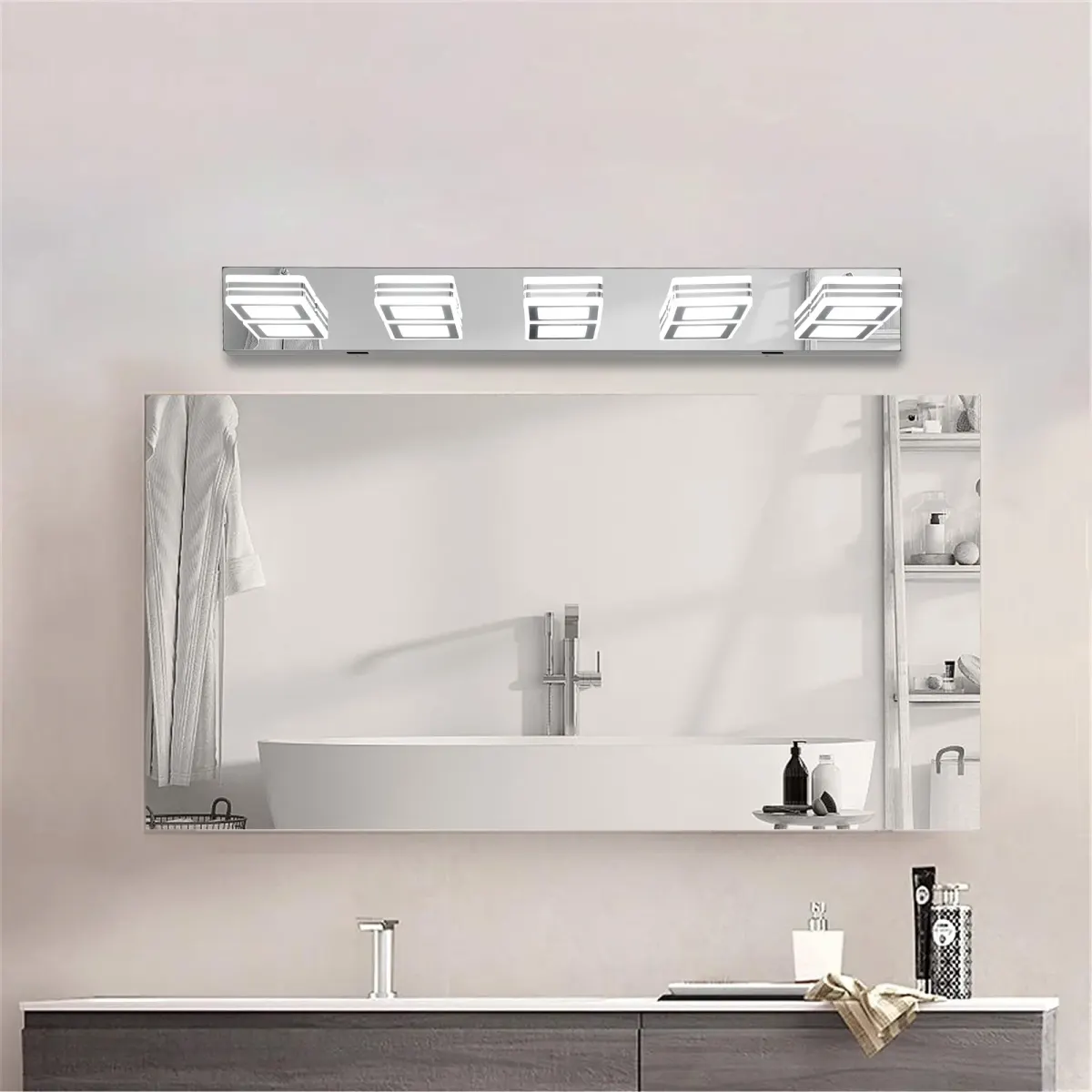 Square acrylic vanity bar, 5 lights, chrome, view 3