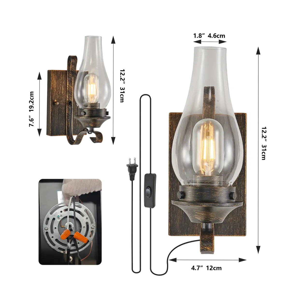 Clear glass wall sconce, 8.7 in, black and gold (L001030-W1BG2), dimension drawing 2