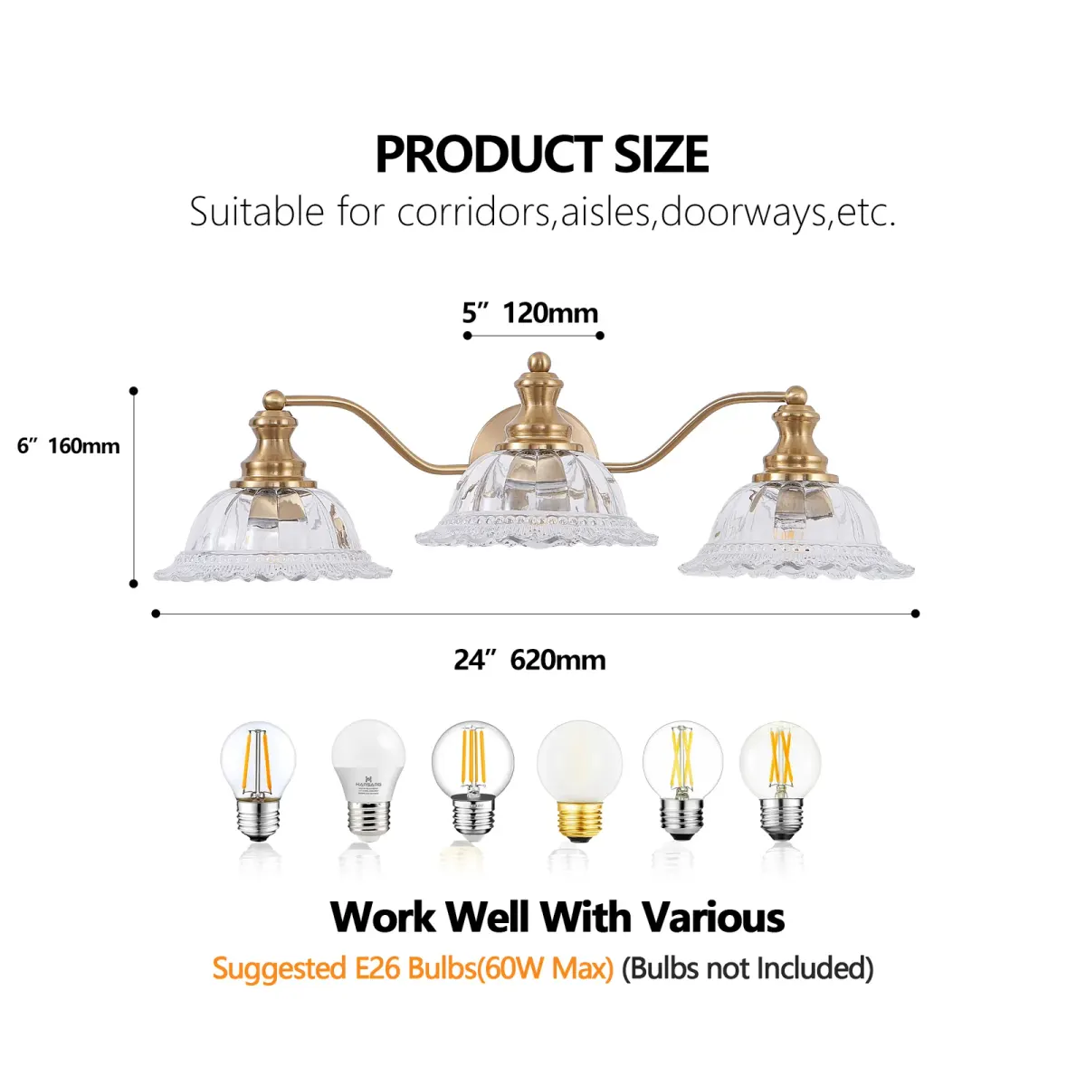 3-light vanity light, gold, dimension drawing 2