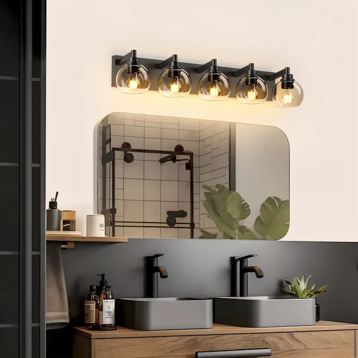 Clear glass vanity bar, 3–6 lights, 19.3–40.6 in, 5 lights, black, view 3