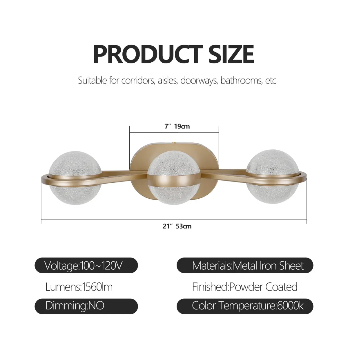 Acrylic crystal vanity bar, 21.1 in, gold, dimension drawing 1