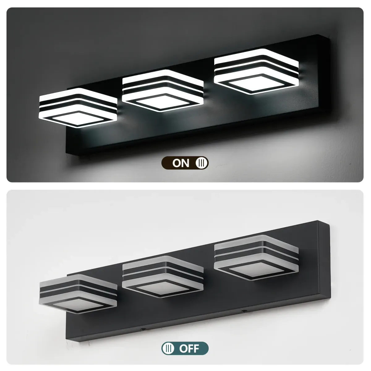 Square acrylic vanity bar, 3 lights, black, view 2