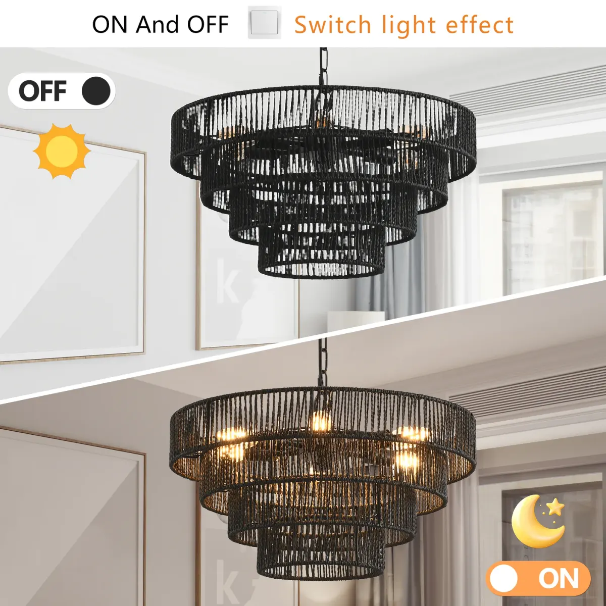 Rope tiered chandelier, 19.7 in, black, manufacturer image 2