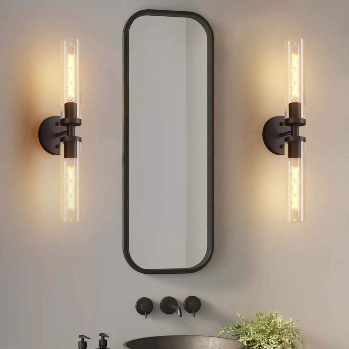 Clear glass wall sconce, 21.7 in, black, view 2