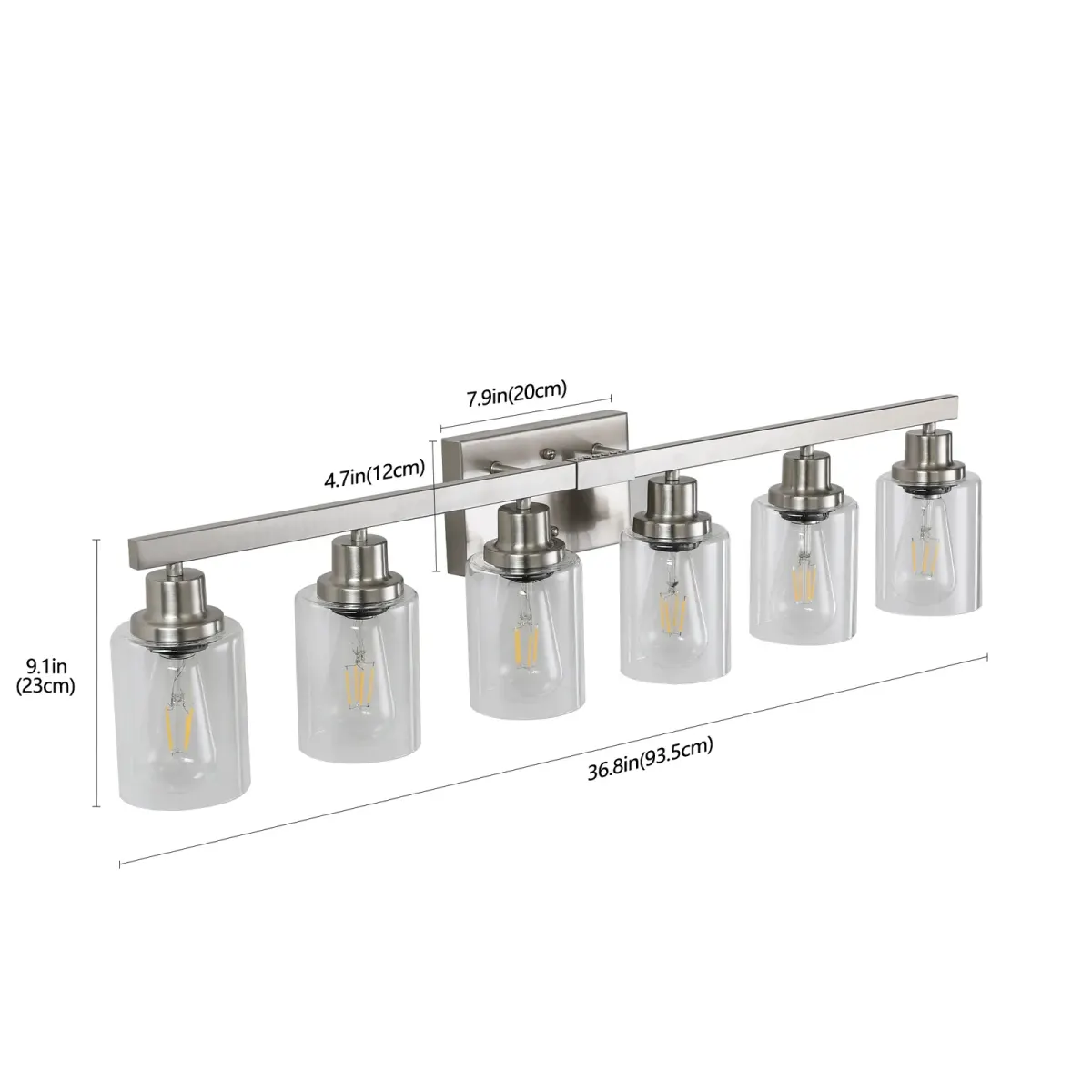 Clear glass vanity bar, 6 lights, chrome, dimension drawing 2