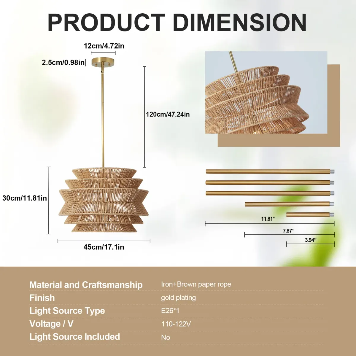 Rattan chandelier, 17.3 in, brown, dimension drawing 1