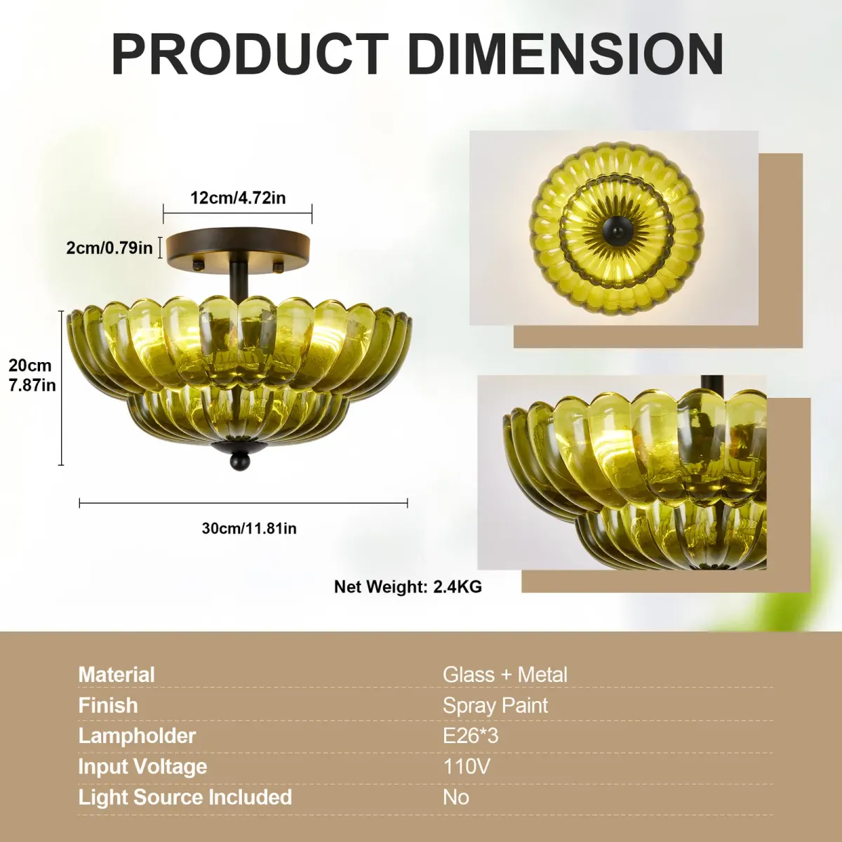 Glass semi-flush mount, 11.8 in, green, dimension drawing 1