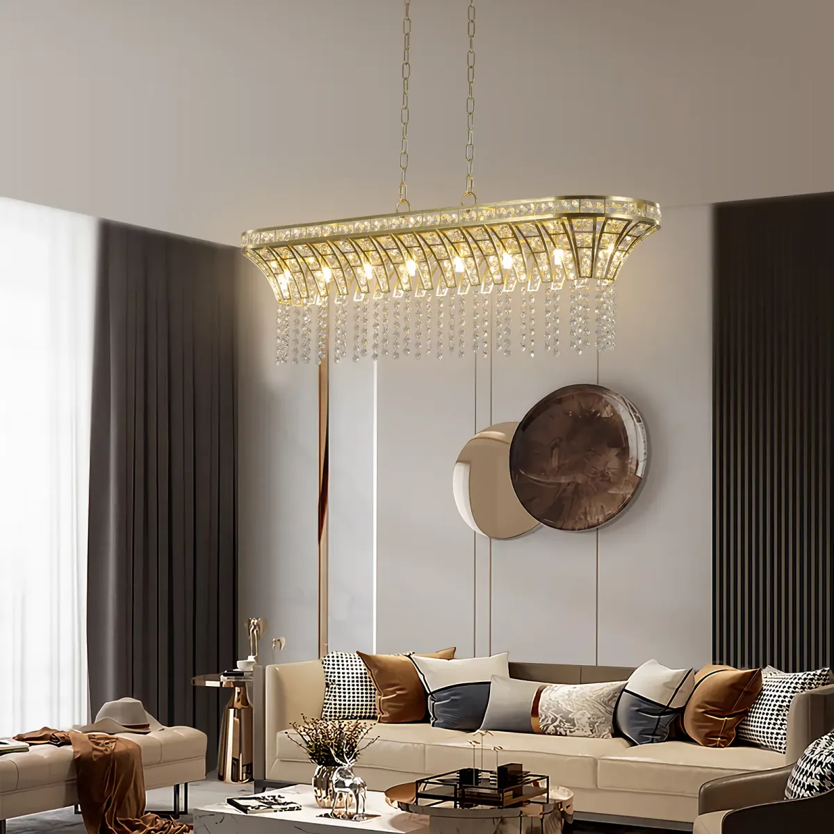 Linear crystal chandelier, gold, view 2