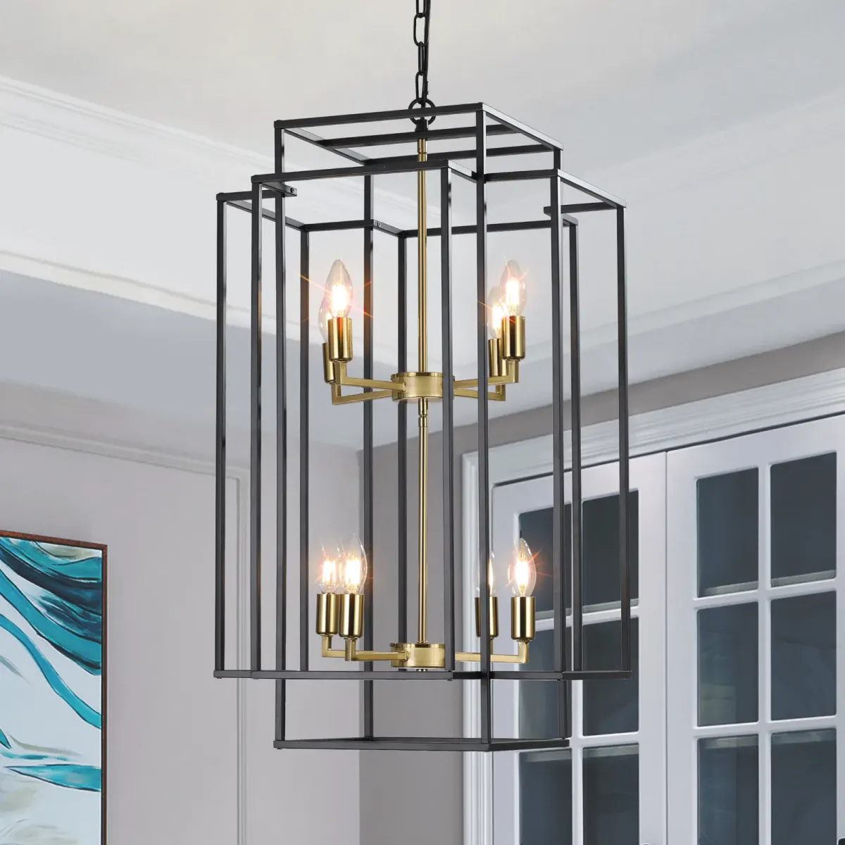 Geometric pendant chandelier, 8 lights, black and gold, view 2