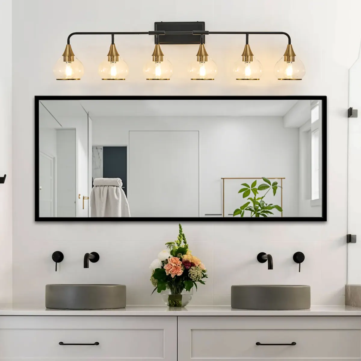 Clear glass vanity bar, 3–6 lights, 22.6–48.1 in, 6 lights, black and gold, view 4