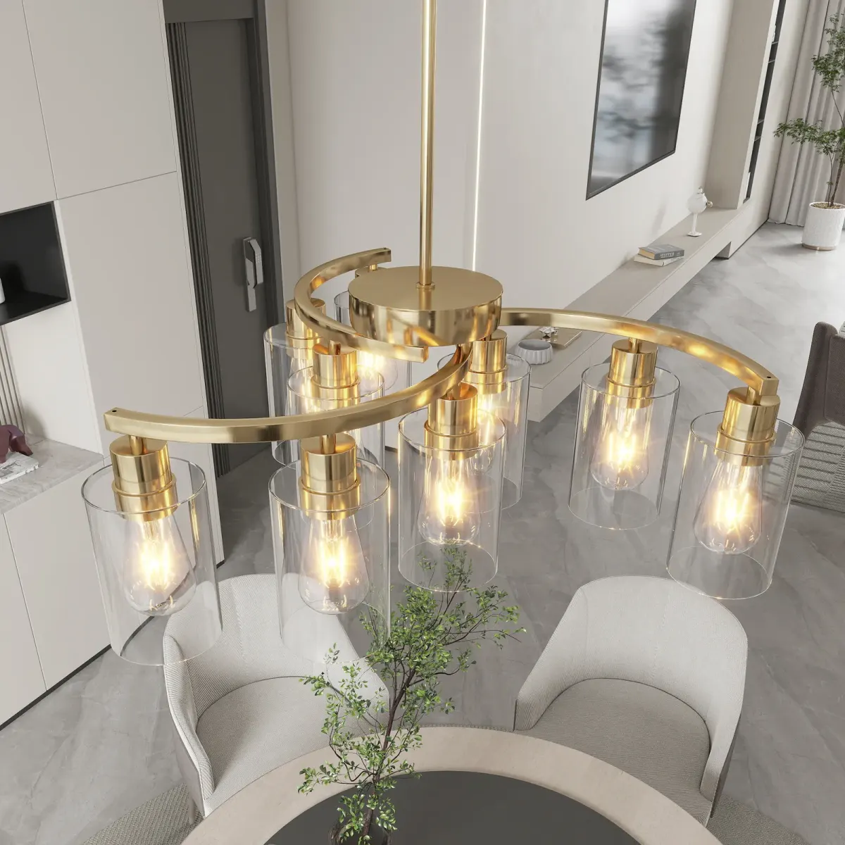 9-light clear glass chandelier, gold, view 4