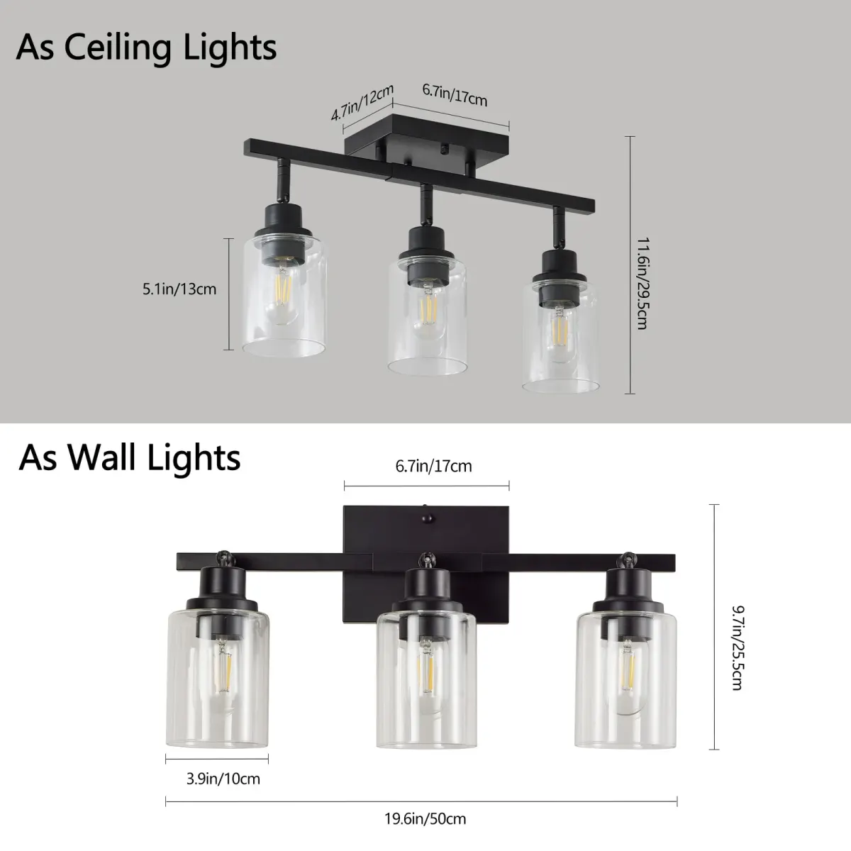 Clear glass semi-flush mount, 3 lights, black, dimension drawing 1