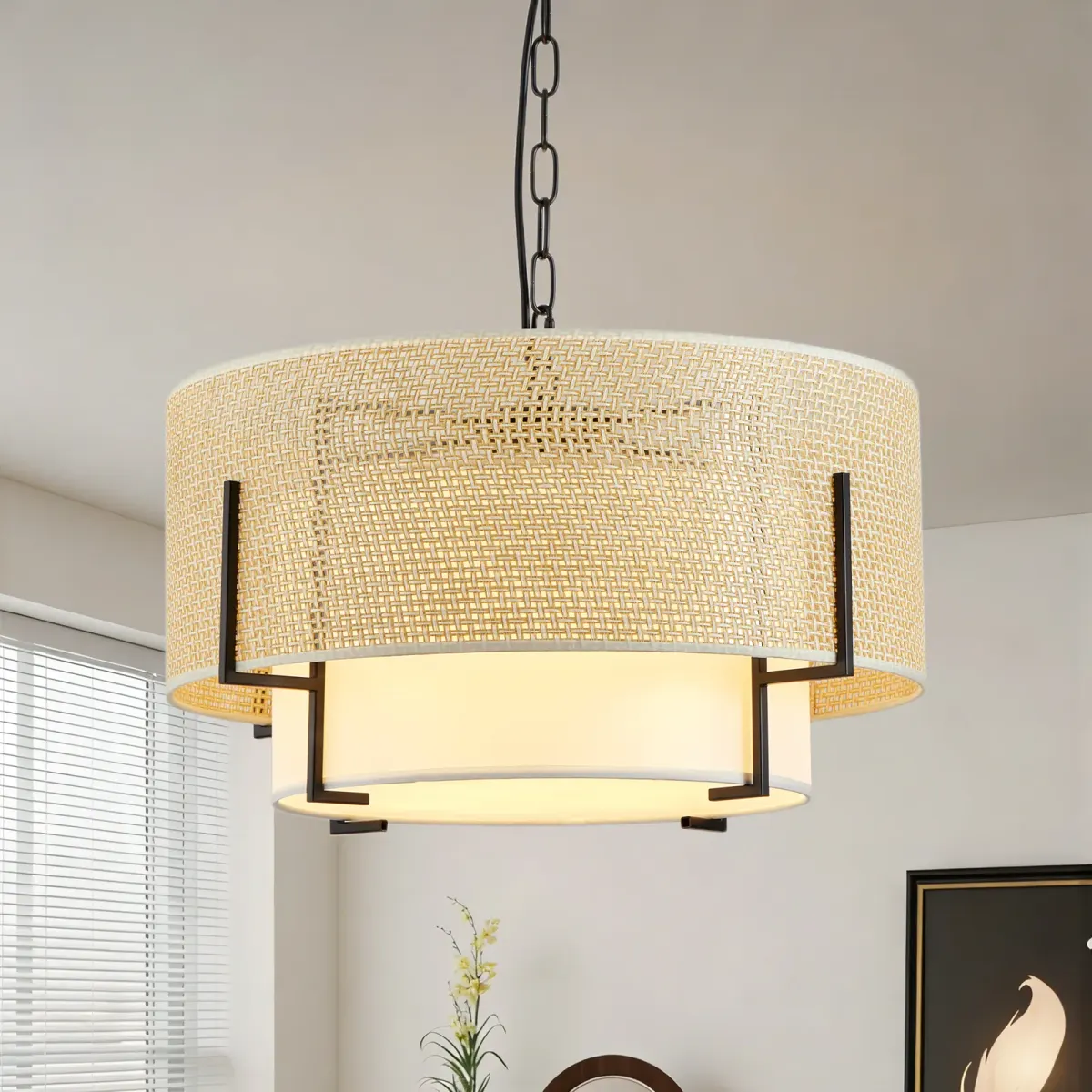 Rattan drum chandelier, 4 lights, gold