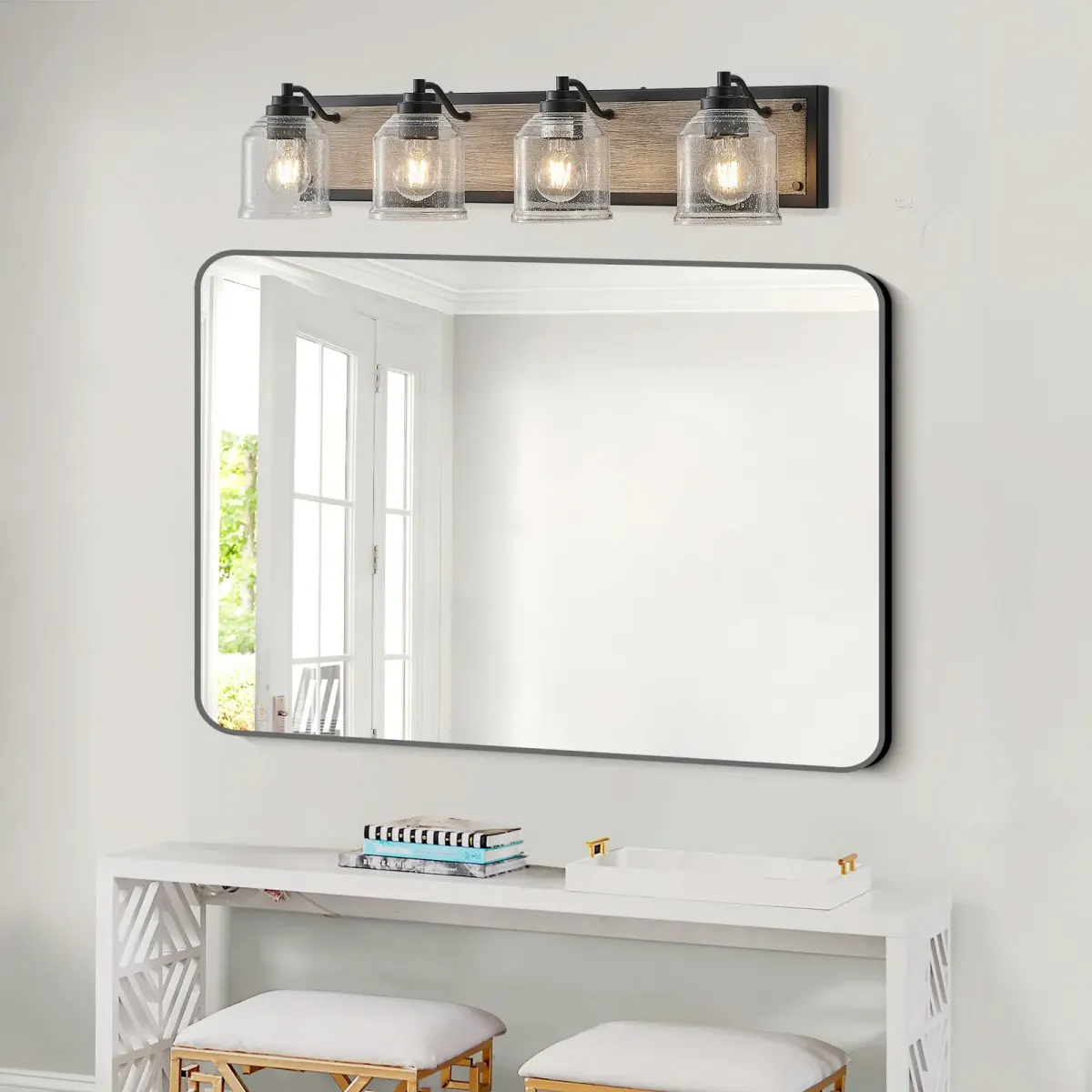 Seeded glass wood vanity bar, 4 lights, black, view 4